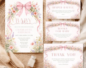 Baby in Bloom Baby Shower Card Suit, Wildflower Baby Shower Invite Set, Floral Pink Bow Invitation, Spring Wild Flower Books & Diaper Raffle
