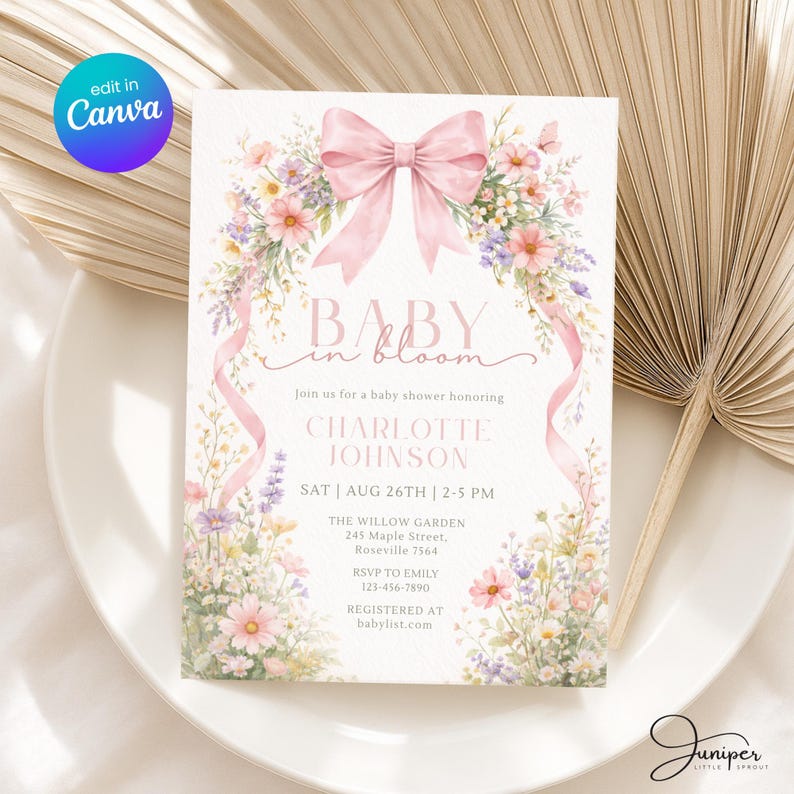 Baby in Bloom Baby Shower Invite, Wildflower Invite, Girl Baby Shower Invite, Pink Bow Baby in Bloom Invite, Spring Flowers Baby Shower
