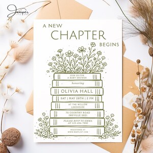 Book Themed Baby Shower Invitation, A New Chapter Begins Invite, Greenery Storybook Baby Invite, Vintage Book Invite, Floral Baby Shower,