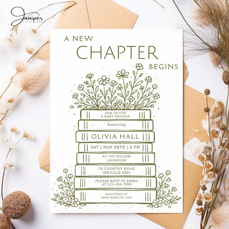Book Themed Baby Shower Invitation, A New Chapter Begins Invite, Greenery Storybook Baby Invite, Vintage Book Invite, Floral Baby Shower,