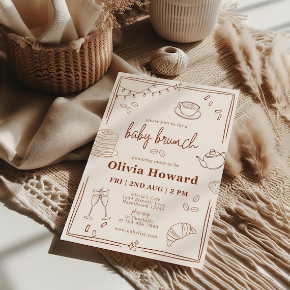 Handdrawn Pancakes, Croissant & Coffee Baby Brunch Invite, Pastry Breakfast Baby Shower Invite, Minimalist Coffee Bean Baby Brunch Invite