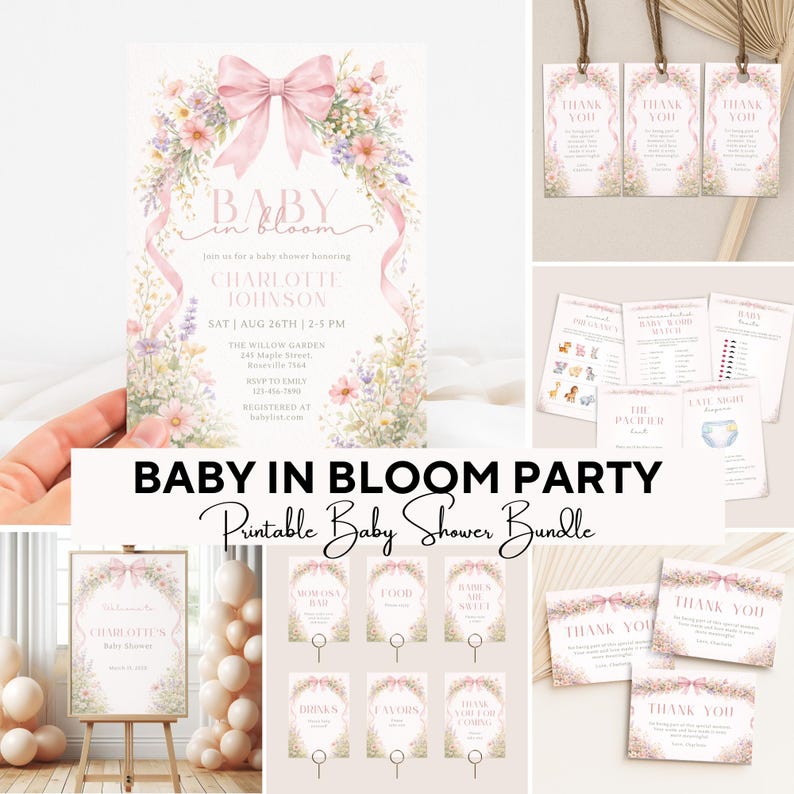 Baby in Bloom Baby Shower Bundle, Wildflower Baby Shower Decorations, Spring Garden Baby Shower Cards, Custom Flower Baby Shower Party Set