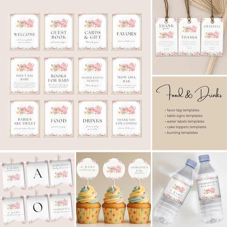 Editable A Baby Is Brewing Baby Shower Bundle, Pink Floral Tea Party Baby Shower, Tea Party Books & Diaper Raffle, Whimsical Tea Invite Set