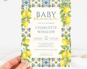 Zaproszenie na baby shower w kolorze cytryny, zaproszenie na baby shower z włoskimi płytkami majolikowymi, zaproszenie na baby shower w kolorze cytryny na wybrzeżu Amalfi, zaproszenie na baby shower w stylu śródziemnomorskim