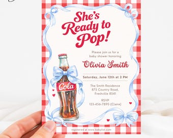 Invitación para baby shower "Ella está lista para tomar una siesta", invitación para baby shower con refresco, tarjeta para baby shower con cola, plantilla para baby shower con cuadros rojos