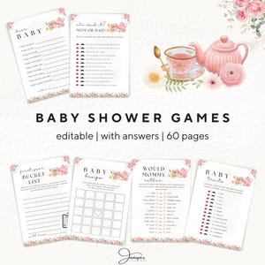 Editable A Baby Is Brewing Baby Shower Games, Tea Party Baby Shower, Pink Floral Baby Shower, Whimsical Tea Games & Answer Baby Shower Set