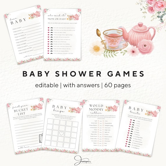 A Baby Is Brewing Baby Shower Games, Editable Tea Party Baby Shower, Pink High Tea Party Templates, Tea Games & Answer Baby Shower Set