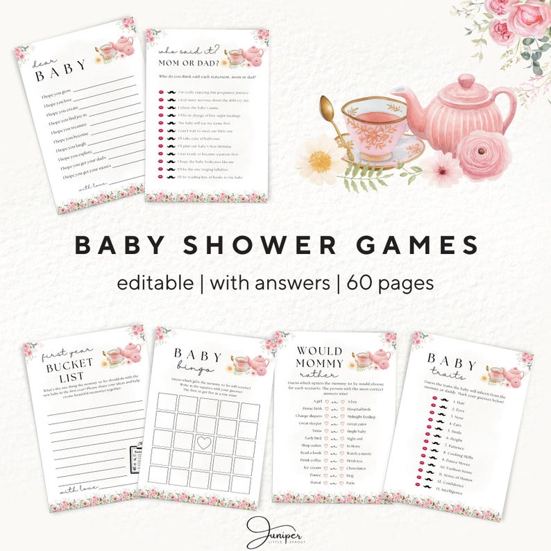 Editable A Baby Is Brewing Baby Shower Games, Tea Party Baby Shower, Pink Floral Baby Shower, Whimsical Tea Games & Answer Baby Shower Set