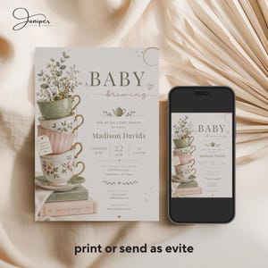 A Baby Is Brewing Tea Party Baby Shower Invitation, Vintage Teacup Floral Invite, Tea For Two Shower, Whimsical Garden Tea Baby Shower