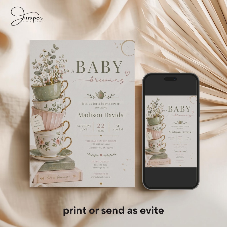 A Baby Is Brewing Tea Party Baby Shower Invitation, Vintage Teacup Floral Invite, Tea For Two Shower, Whimsical Garden Tea Baby Shower