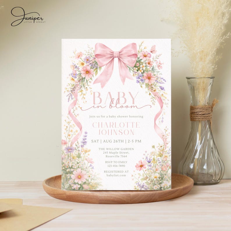 Baby in Bloom Baby Shower Invite, Wildflower Invite, Girl Baby Shower Invite, Pink Bow Baby in Bloom Invite, Spring Flowers Baby Shower