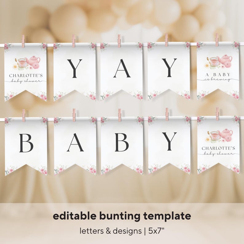 Editable A Baby Is Brewing Baby Shower Bundle, Pink Floral Tea Party Baby Shower, Tea Time Books & Diaper Raffle, Whimsical Tea Shower Set