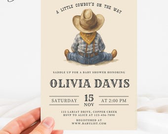 May include: A baby shower invitation with a cowboy theme. The illustration features a baby in a cowboy hat and attire. The invitation includes the text "A Little Cowboy's on the Way" and details for Olivia Davis's baby shower.