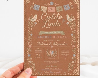 Cielito Lindo Gender Reveal Invitation, Mexican Fiesta Baby Shower Template, Terracotta Papel Picado Card, Spanish Talavera He or She Invite