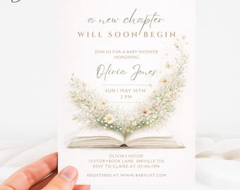 A New Chapter Will Soon Begin Baby Shower Invitation, Floral Storybook Party Template, Wildflower Baby Shower Card, Vintage Book Invite