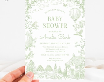 Woodland Baby Shower Invitation, Sage Green Toile Baby Shower Invitation, Forest Invitation, Toile de Jouy  Birds Baby Shower Invite