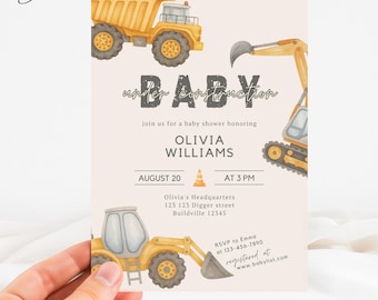 Baby Under Construction Invitation, Construction Vehicles Baby Shower Invite, Trucks Baby Shower Invite, Builder Theme Baby Shower Template