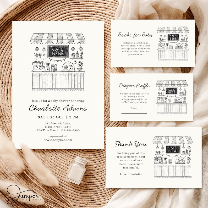 Cafe Bebe Baby Shower Bundle, Coffee Baby Shower Invitation Set, Café Baby Raffle & Thank You Cards, Coffee Bean Invite, French Cafe Invite