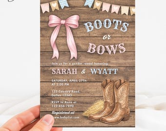 Boots or Bows Gender Reveal Invitation, Western Cowboy Cowgirl Baby Shower Card, Rustic Country Party Template, Pink Bow He or She Invite