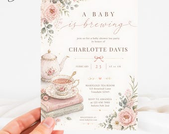 A Baby Is Brewing Tea Party Baby Shower Invitation, Pink Floral Teapot Baby Shower, Tea For Two Shower, Elegant Vintage Tea Baby Shower