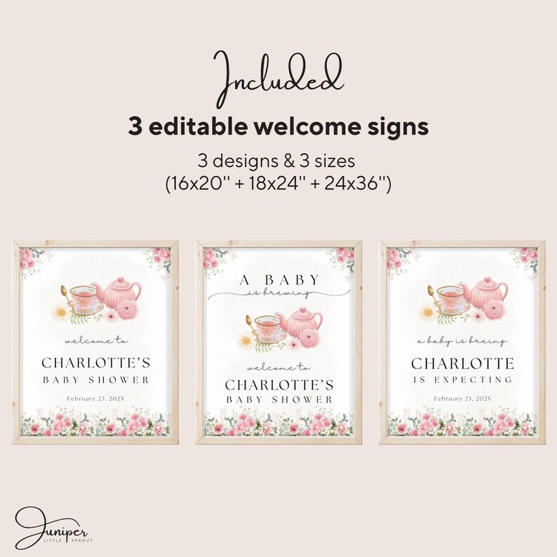 Editable A Baby Is Brewing Baby Shower Bundle, Pink Floral Tea Party Baby Shower, Tea Time Books & Diaper Raffle, Whimsical Tea Shower Set