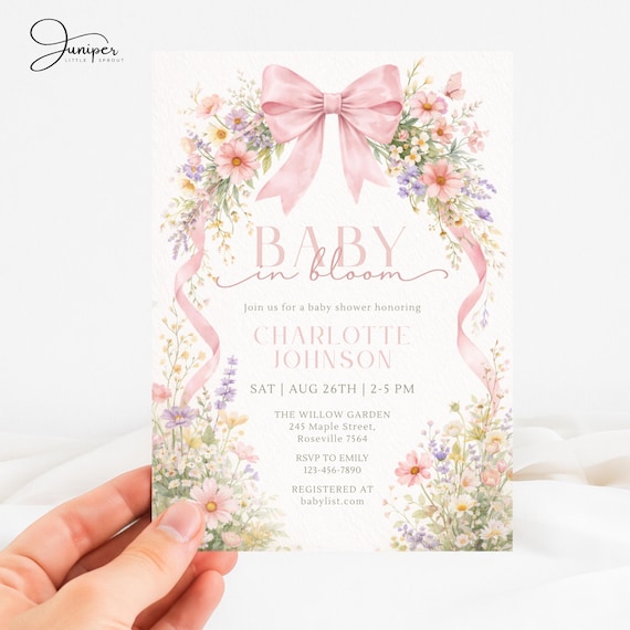 Baby in Bloom Baby Shower Invite, Wildflower Party Template, Girl Baby Shower Card, Pink Bow Invitation, Spring Flowers Baby Shower Invite