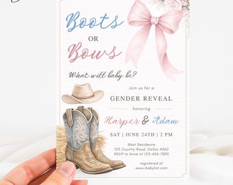 Boots or Bows Gender Reveal Invitation, Cowboy Baby Shower Card, Western What Will Baby Be Party Template, Pink Bow Boy or Girl Invite