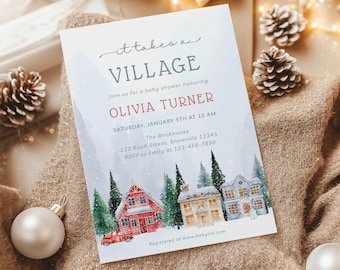 Könnte beinhalten: Eine Babyparty-Einladung mit dem Text "it takes a VILLAGE" und Details für Olivia Turners Babyparty. Die Einladung zeigt eine Aquarellillustration eines verschneiten Dorfes mit Häusern und Bäumen.