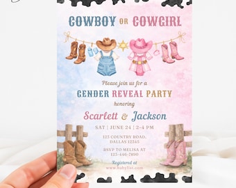 Cowboy or Cowgirl Gender Reveal Invitation, Western Boots Baby Shower Card, Cowboy Cowgirl Party Template, Boy or Girl Gender Reveal