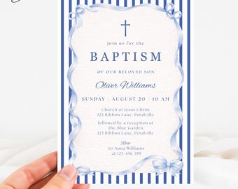 Classic Blue Baptism Invitation, Elegant Striped Religious Baptism Template, Blue Bow Baby Boy Christening Invite, Christian Baptism Invite