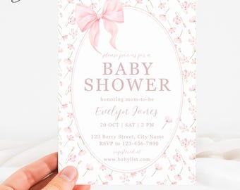 Pink Bow Baby Shower Invite, Pink Toile Baby Shower Invitation, Floral Bow Baby Shower Invitation, Pastel Flower And Bows Baby Shower Invite
