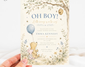 Inbjudan till babyshower med en liten hund, klassisk Nalle Puh-inbjudan, nallebjörnskort med honungsburk och blomstertema i skogsmiljö