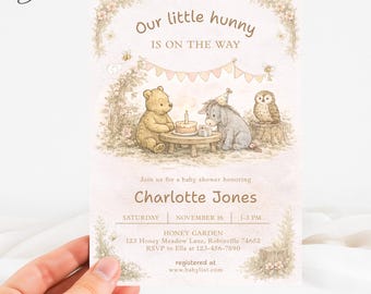 Our Little Hunny Is On The Way Baby Shower Invitation, Vintage Winnie the Pooh Shower Invite, Teddy Bear Woodland Friends Baby Shower Invite
