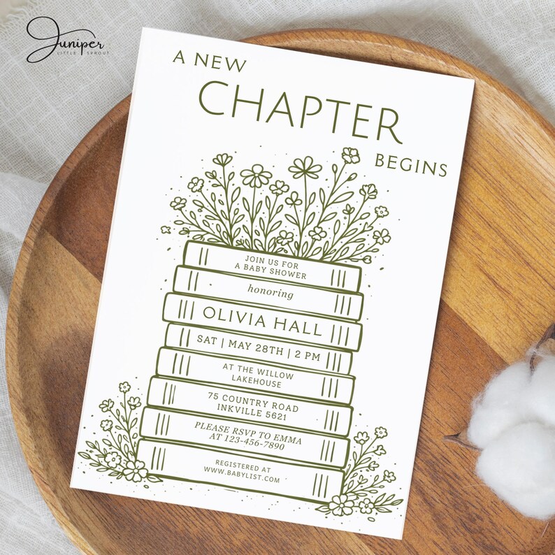 Book Themed Baby Shower Invitation, A New Chapter Begins Invite, Greenery Storybook Baby Invite, Vintage Book Invite, Floral Baby Shower,