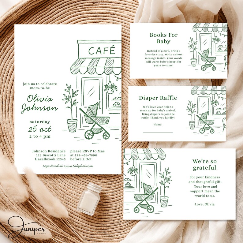 Cafe Bebe Baby Shower Bundle, Coffee Baby Shower Invitation Set, Home Cafe Themed Baby Shower Bundle, Coffee Bean Invite, French Cafe Invite
