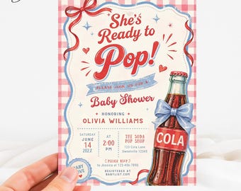 She’s Ready to Pop Baby Shower Invitation, Soda Pop Baby Shower Invite, Cola Baby Shower Card, Red Gingham Baby Shower Template