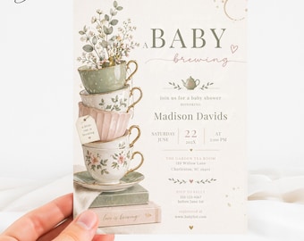 A Baby Is Brewing Tea Party Baby Shower Invitation, Vintage Teacup Invite, Tea For Two Party Template, Whimsical Garden Tea Baby Shower