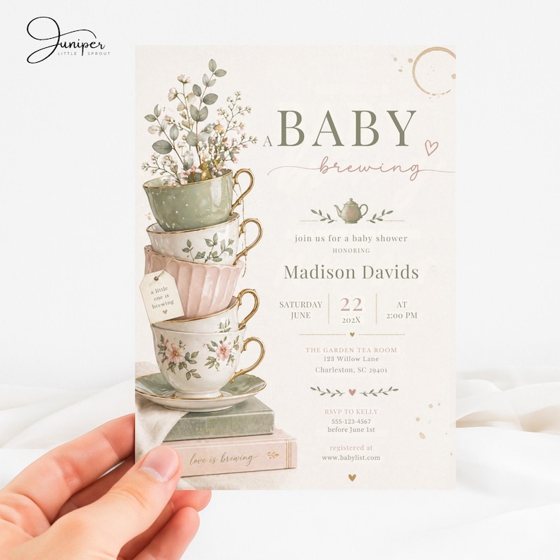 A Baby Is Brewing Tea Party Baby Shower Invitation, Vintage Teacup Floral Invite, Tea For Two Shower, Whimsical Garden Tea Baby Shower