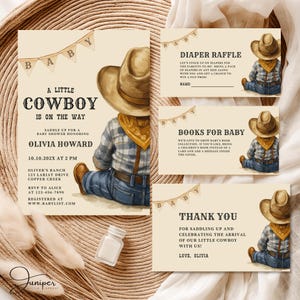 Editable A Little Cowboy Is On The Way Baby Shower Bundle, Rustic Cowboy Baby Shower Card, Wild West Baby Shower, Custom Rodeo Baby Shower