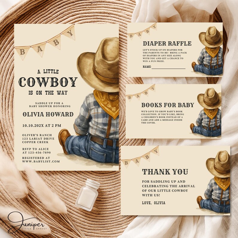 Editable A Little Cowboy Is On The Way Baby Shower Bundle, Rustic Cowboy Baby Shower Card, Wild West Baby Shower, Custom Rodeo Baby Shower