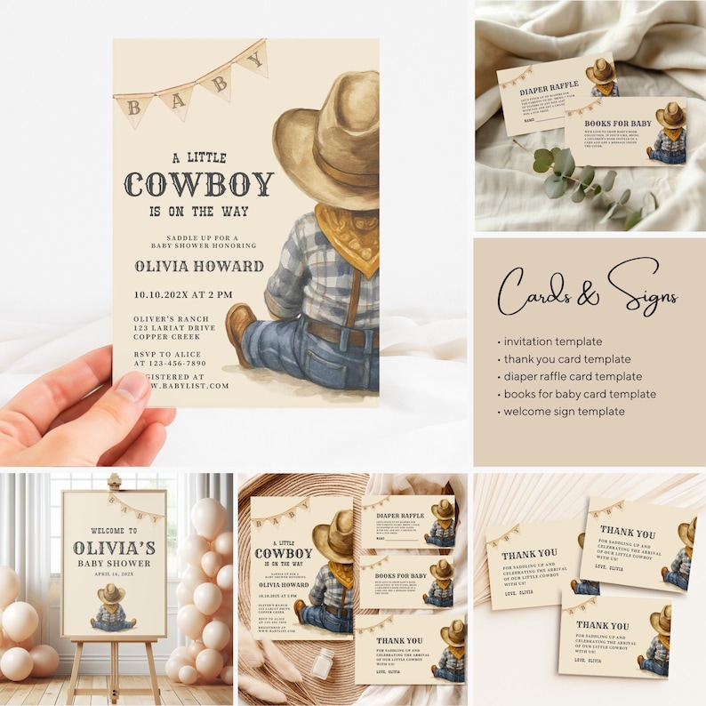 Editable A Little Cowboy Is On The Way Baby Shower Bundle, Rustic Cowboy Baby Shower Card, Wild West Baby Shower, Custom Rodeo Baby Shower