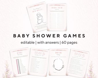 Baby In Bloom Party Games Bundle, Wildflower Baby Shower Games Template, Spring Garden Baby Shower Games Card, Pink Bow Baby Shower Games