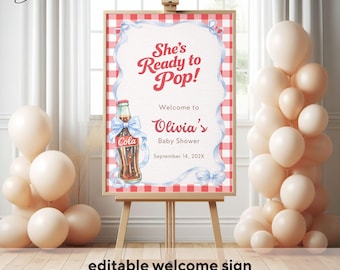 She’s Ready to Pop Baby Shower Welcome Sign, Soda Pop Baby Shower Welcome Poster, Red Gingham Party Template, Custom Cola Baby Shower Decor