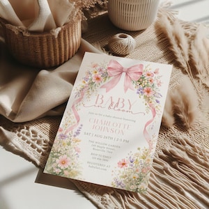 Baby in Bloom Baby Shower Invite, Wildflower Invite, Girl Baby Shower Invite, Pink Bow Baby in Bloom Invite, Spring Flowers Baby Shower