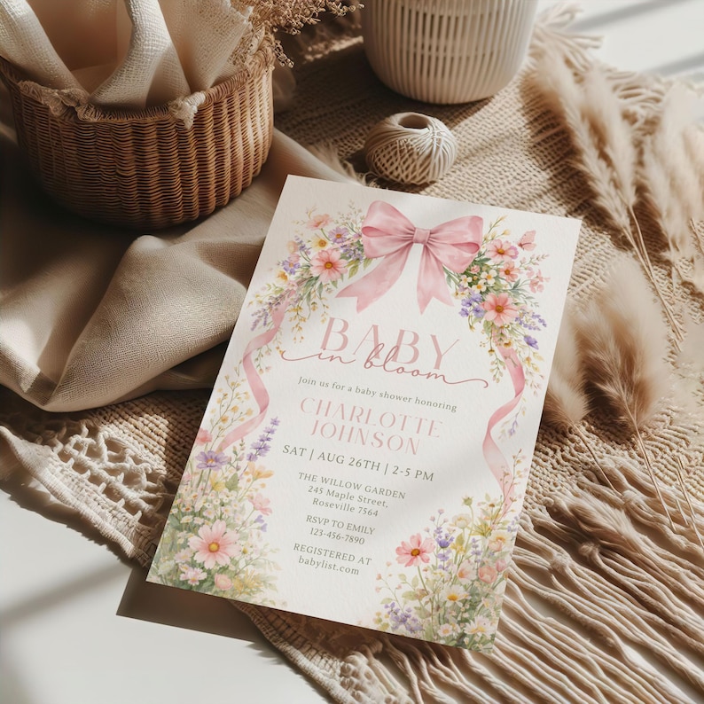 Baby in Bloom Baby Shower Invite, Wildflower Invite, Girl Baby Shower Invite, Pink Bow Baby in Bloom Invite, Spring Flowers Baby Shower