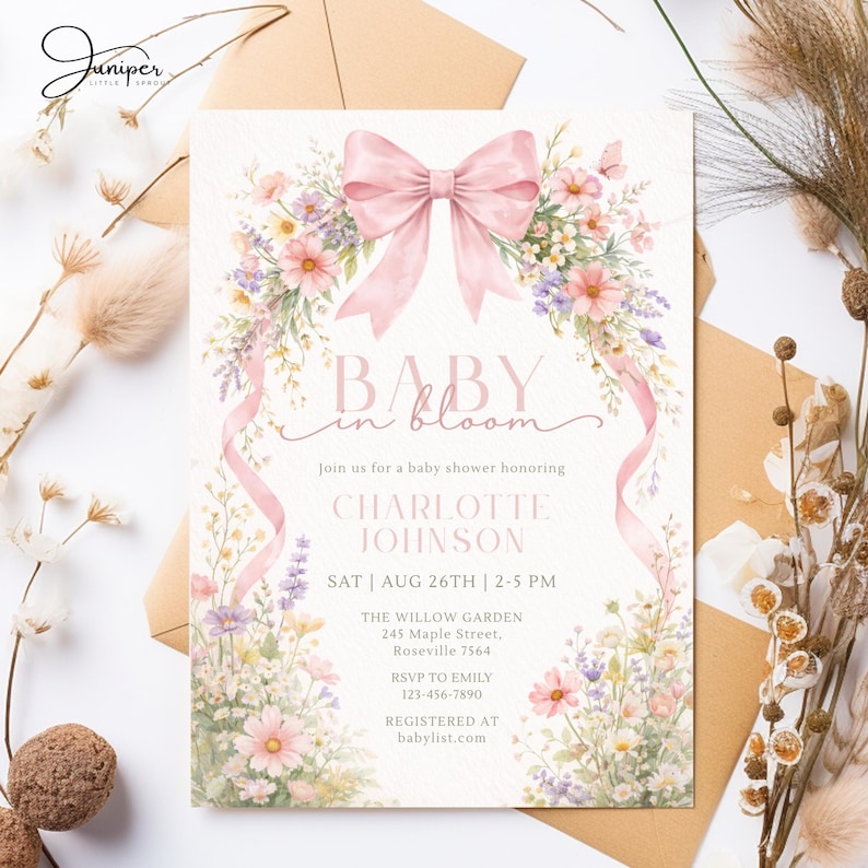 Baby in Bloom Baby Shower Invite, Wildflower Invite, Girl Baby Shower Invite, Pink Bow Baby in Bloom Invite, Spring Flowers Baby Shower