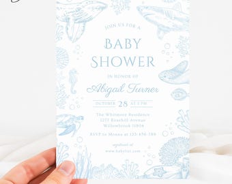 Plantilla de invitación para baby shower con animales marinos, invitación para baby shower con estampado toile azul, invitación bajo el mar, invitación de animales marinos, invitación náutica