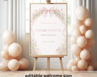 Baby In Bloom Welcome Sign, Spring Garden Baby Shower Welcome Poster, Wildflower Baby Shower Entrance Decor, Custom Pink Bow Baby Shower