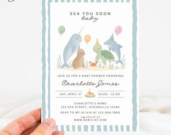 Zaproszenie na baby shower z motywem Sea You Soon, zaproszenie na baby shower z motywem zwierząt morskich, zaproszenie na baby shower z motywem podwodnym, zaproszenie na baby shower z motywem zwierząt morskich