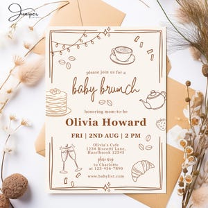Handdrawn Pancakes & Coffee Baby Brunch Invitation, Pastry Breakfast Baby Shower Invite, Gender Neutral Baby Shower Brunch Invitation
